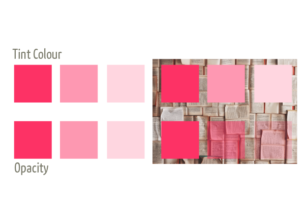 Nuance farver er meget forskellige fra en kasse med opacitet og en farve. Billedet viser forskellen på de 2 typer. Kasser med opacitet er gennemsigtige hvor kasser med nuance farver er heldækkende