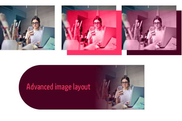 Eksempler på hvad du kan lave med billeder direkte i InDesign. 2 billeder ligner duotoner og det tredie er med glidende overgang til en grafikkasse. 
