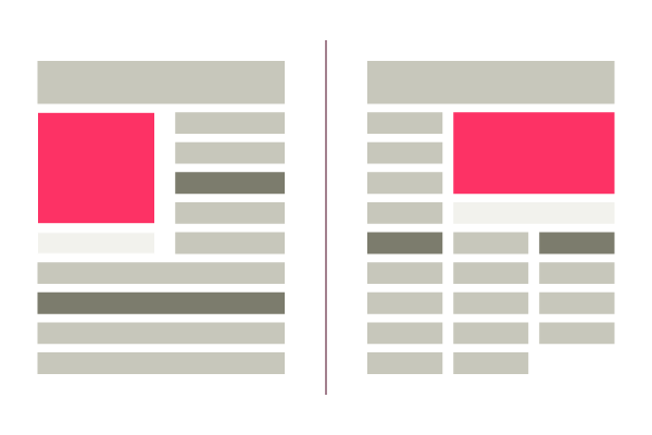 2 eksempler på layout opstillinger. Den en med 1 delt til 2 spalter. Den anden med 3 spalter hvoraf 2 er brudt af en billedkasse. 